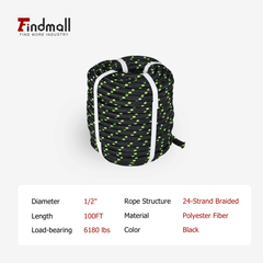 findmall 1/2 Inch 24 Strand Braided Rope – Heavy Duty Polyester Pulling Rope for Tree Work, Rigging & Outdoor Utility