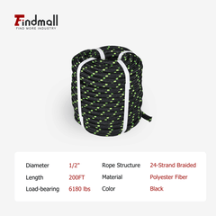 findmall 1/2 Inch 24 Strand Braided Rope – Heavy Duty Polyester Pulling Rope for Tree Work, Rigging & Outdoor Utility