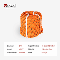findmall 1/2 Inch 24 Strand Braided Rope – Heavy Duty Polyester Pulling Rope for Tree Work, Rigging & Outdoor Utility