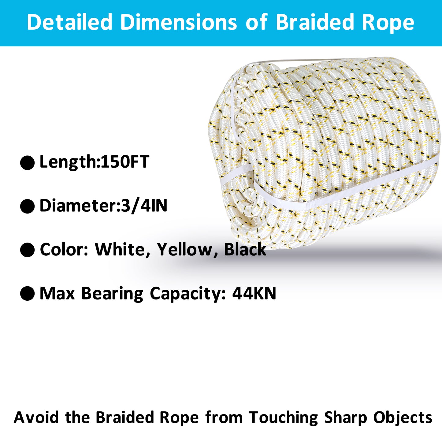 findmall Arborist Tree Rope 24 Strand Braided Rope 3/4" × 150' (White,Yellow,Black) 44KN