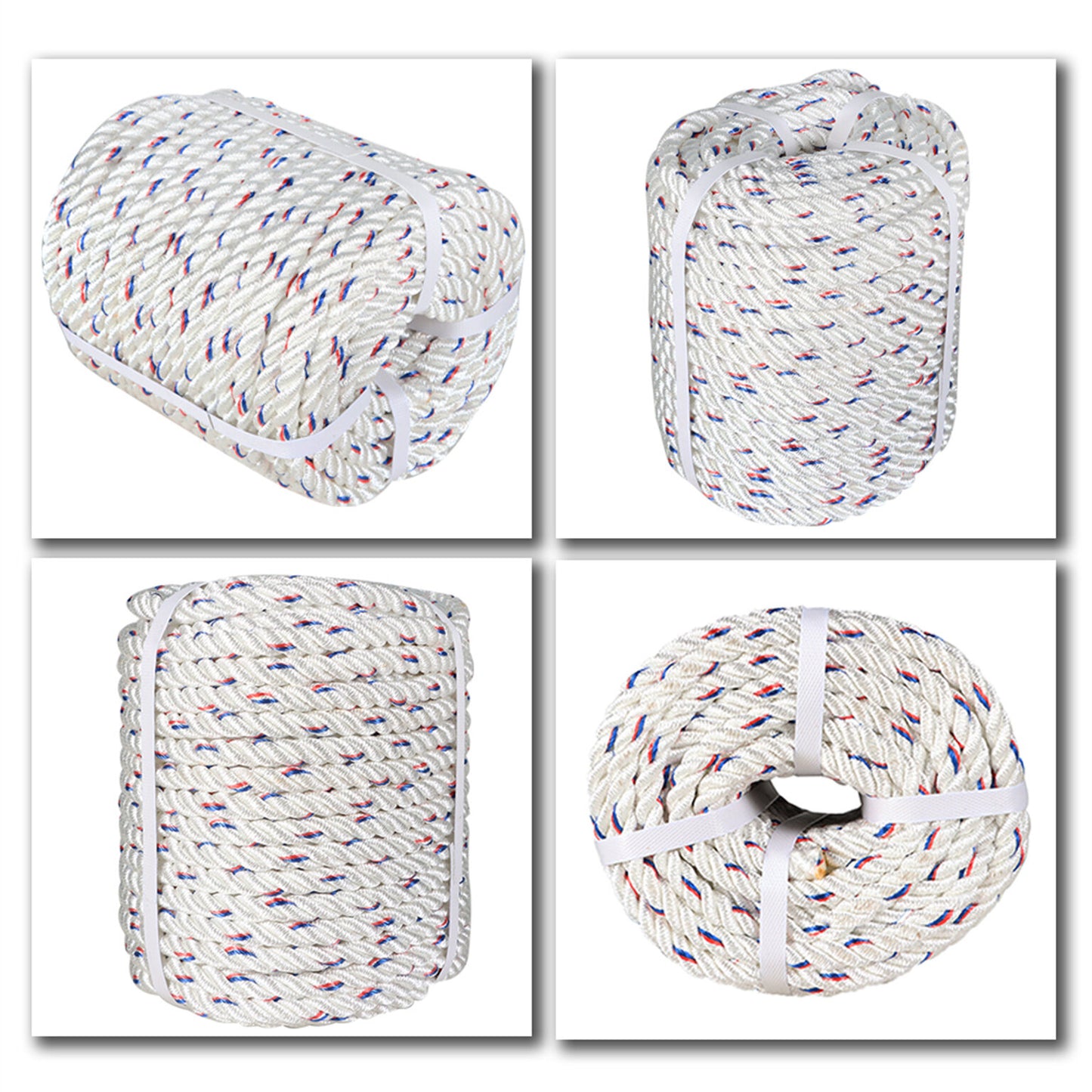 findmall 1/2 In Braid Polyester Rope Bull Rigging High Force Polyester Rope 150 FT White Red Blue