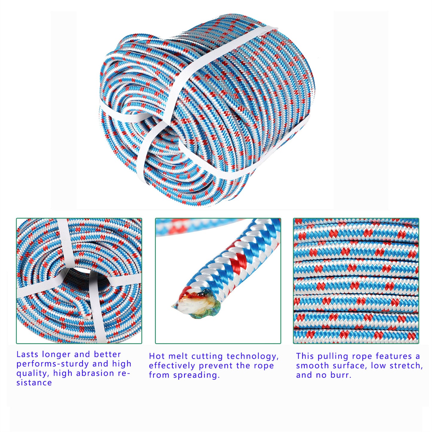 findmall 1/2 Inch 16 Braid Polyester Rope Pulling Ropes Arborist Rigging Rope 150 FT Red White Blue