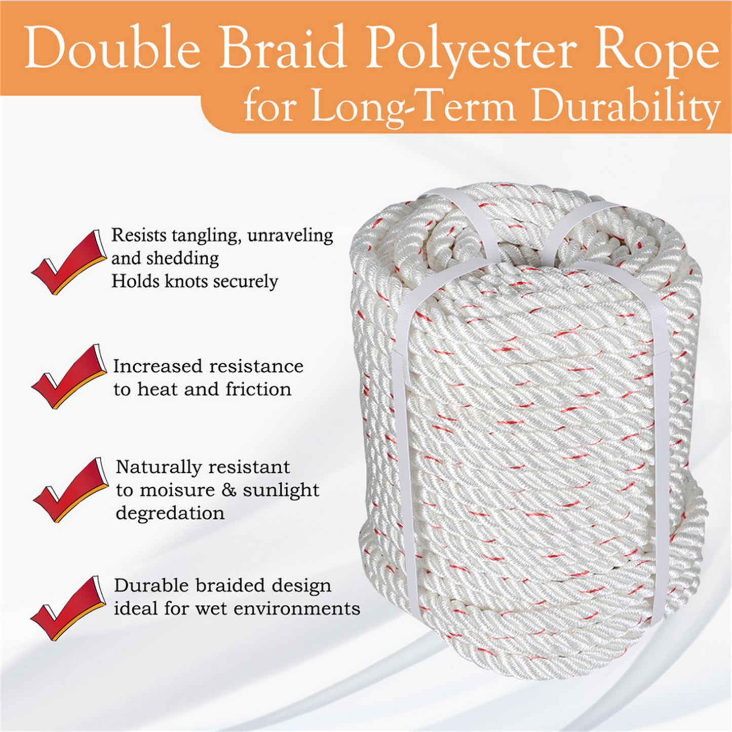 findmall 5/8 IN Braid Polyester Rope Bull Rigging High Force Polyester Rope 100 FT White With Red