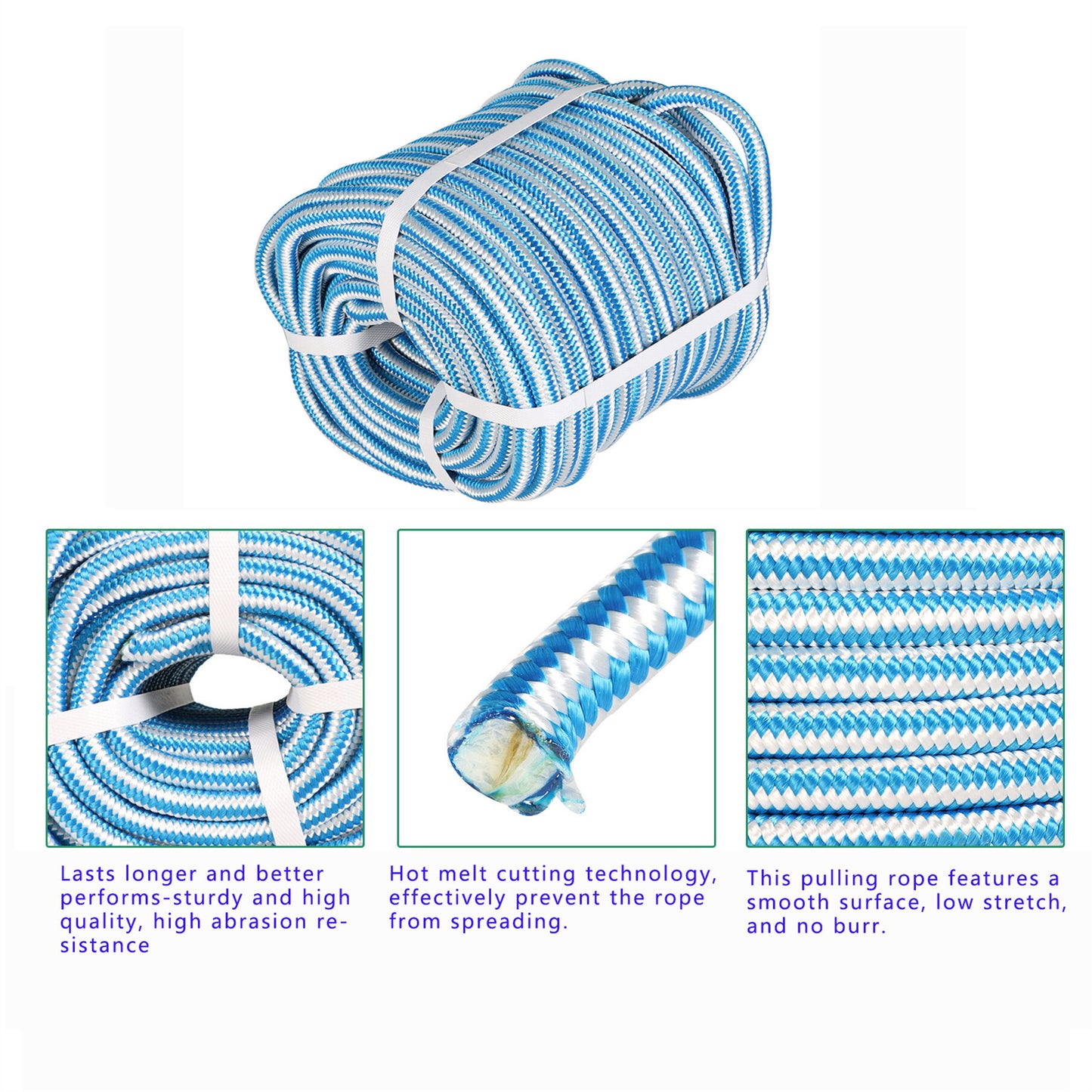findmall 1/2 Inch 16 Braid Polyester Rope Pulling Ropes Arborist Rigging Rope 150 FT Blue White