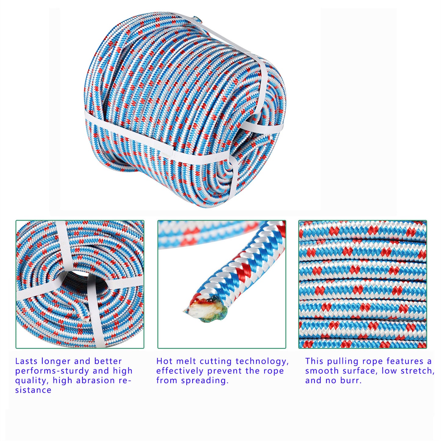 findmall 1/2 Inch 16 Braid Polyester Rope Pulling Ropes Arborist Rigging Rope 100 FT Red White Blue