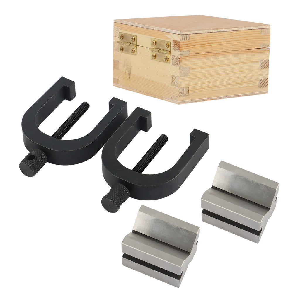 findmall V Block with Clamp Set Hardened Steel 90 Degree Angle Accuracy V Block Set 1-5/8 x 1-1/4 x 1-1/4 Multi-use Gauge Gage Machinist Tool with Wooden Case