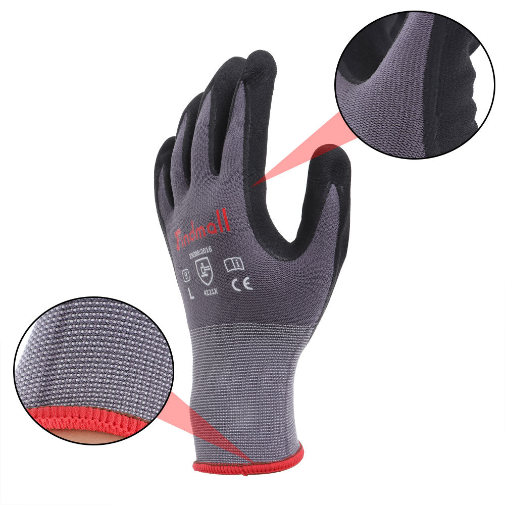 findmall Safety Work Gloves MicroFoam Nitrile Coated Foam Gloves L-Size/12 Pairs
