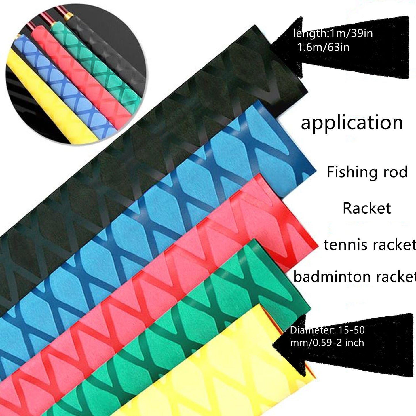 eTekGo X-Tube Heat Shrink Wrap Tubing 39"&64" Lengths for Rod Grips-5 Color 14 Sizes (Black, Diamter:15mm; Length:39")