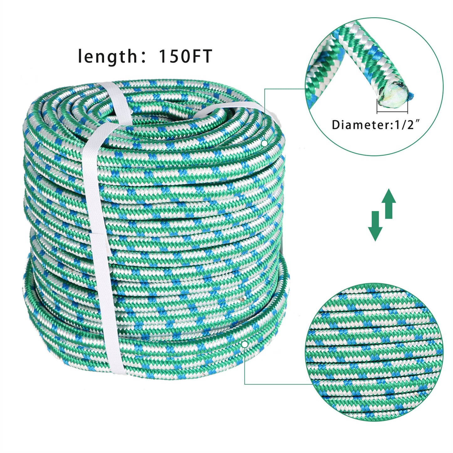 findmall 1/2 Inch 16 Braid Polyester Rope Pulling Ropes Arborist Rigging Rope 150 FT Green White Blue