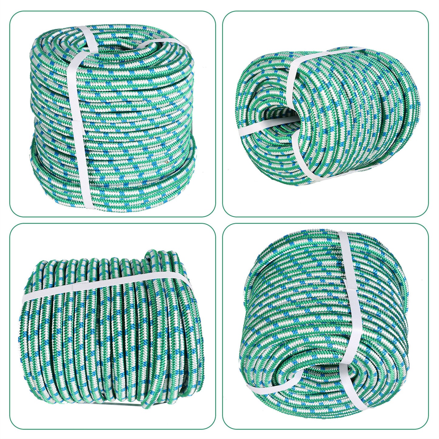 findmall 1/2 Inch 16 Braid Polyester Rope Pulling Ropes Arborist Rigging Rope 150 FT Green White Blue
