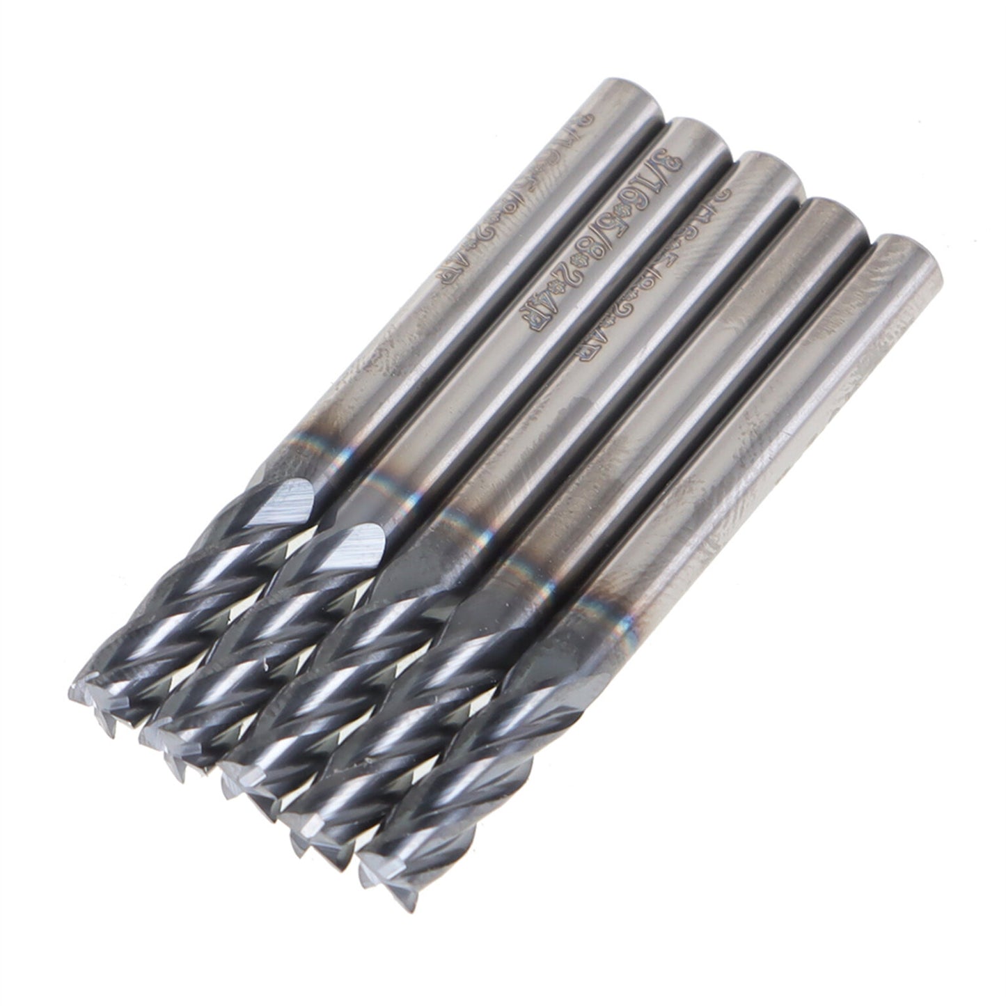 findmall 5Pcs 4 Flute 3/16 Inch x 5/8 Inch Helix Carbide End Mill with Tialn Coated Fit for Aluminum Cut Non-Ferrous Metal Upcut CNC Spiral Router Bit
