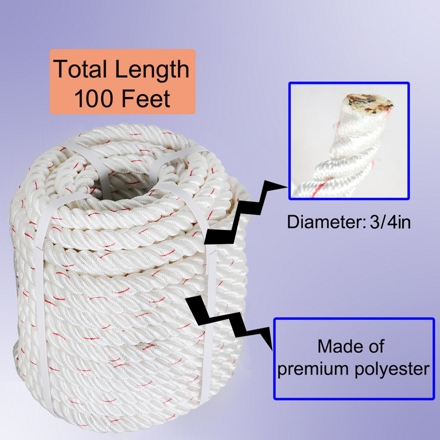 findmall 5/8 IN Braid Polyester Rope Bull Rigging High Force Polyester Rope 100 FT White With Red