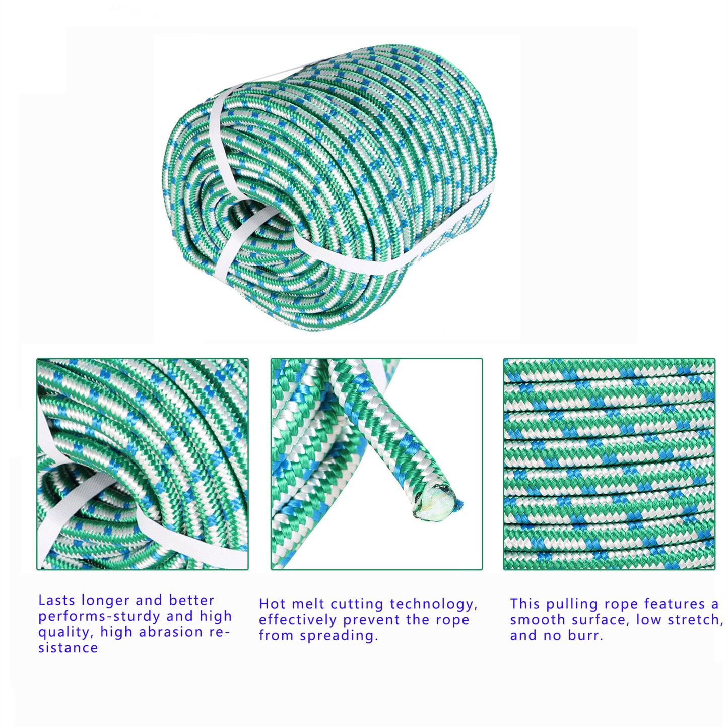 findmall 1/2 Inch 16 Braid Polyester Rope Pulling Ropes Arborist Rigging Rope 150 FT Green White Blue