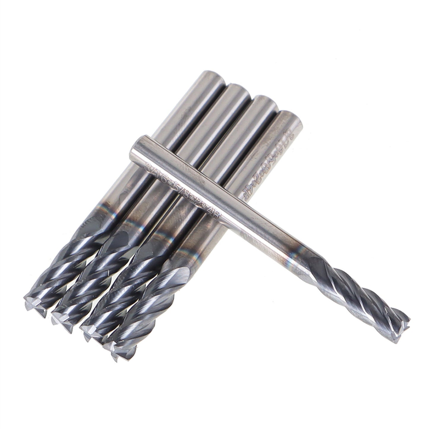 findmall 5Pcs 4 Flute 3/16 Inch x 5/8 Inch Helix Carbide End Mill with Tialn Coated Fit for Aluminum Cut Non-Ferrous Metal Upcut CNC Spiral Router Bit