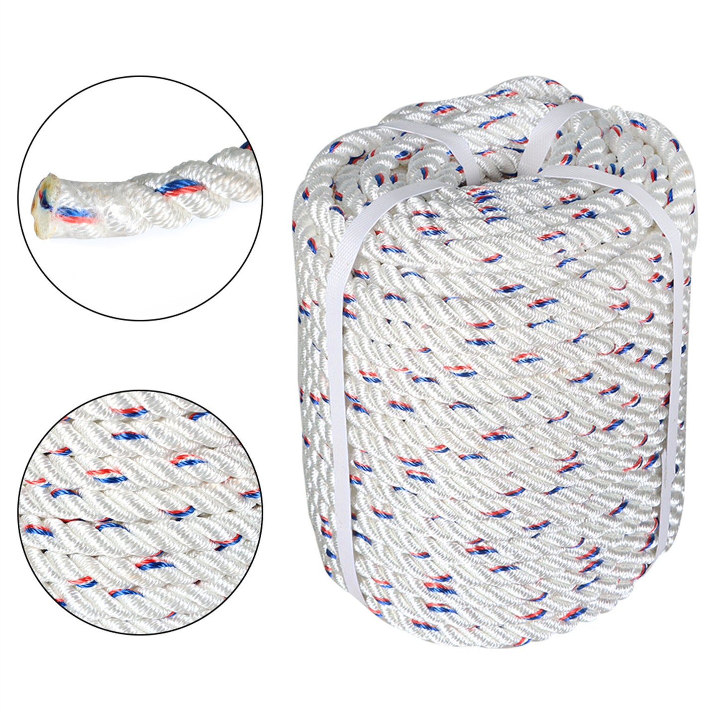 findmall 1/2 In Braid Polyester Rope Bull Rigging High Force Polyester Rope 150 FT White Red Blue