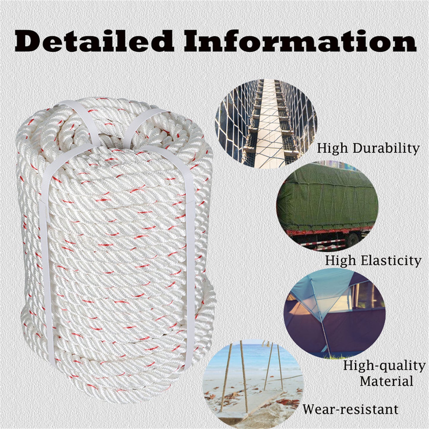 findmall 5/8 IN Braid Polyester Rope Bull Rigging High Force Polyester Rope 100 FT White With Red