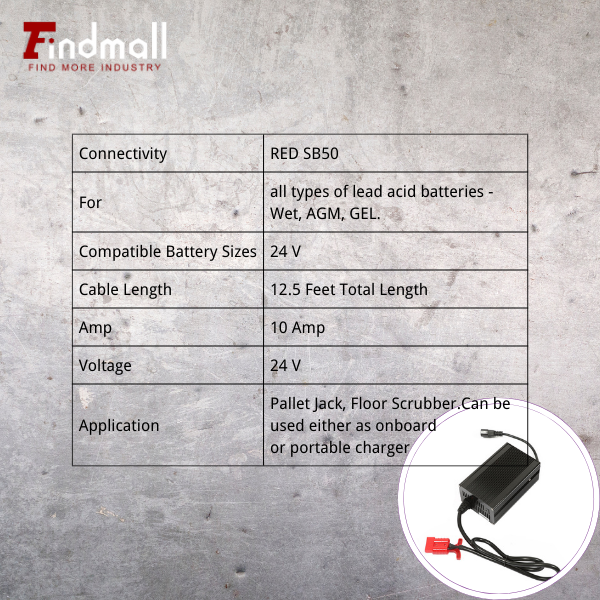 findmall 24V Floor Scrubber Battery Recharger with SB50 Style RED Connector