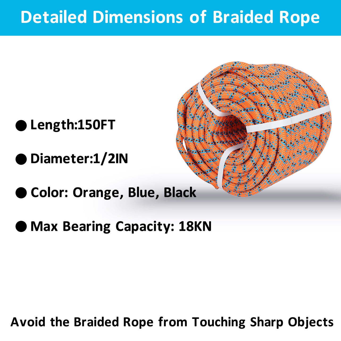 findmall 1/2" × 150' 18KN Arborist Tree Rope 32 Strand Braided Rope (Orange,Blue,Black)