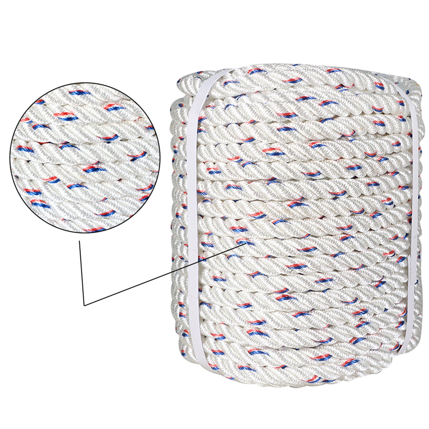 findmall 1/2 In Braid Polyester Rope Bull Rigging High Force Polyester Rope 150 FT White Red Blue