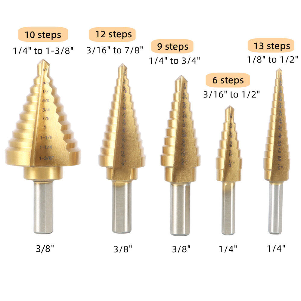 findmall 6Pc HSS Titanium Ladder Bits, with Automatic Center Punch, 5 High-speed Steel Drill Bits of 50 Specifications