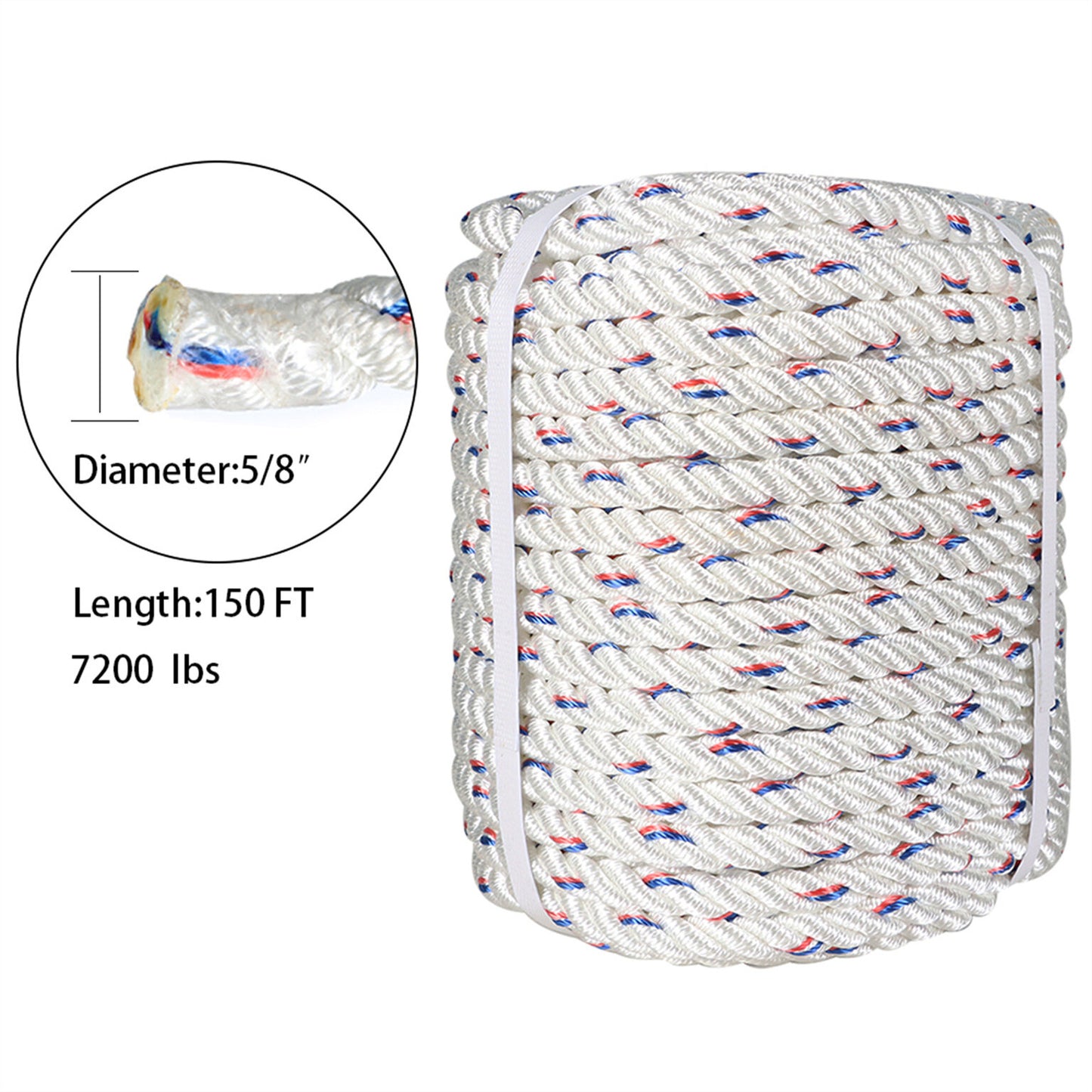 findmall 5/8 In Braid Polyester Rope Bull Rigging High Force Polyester Rope 150 FT White Red Blue