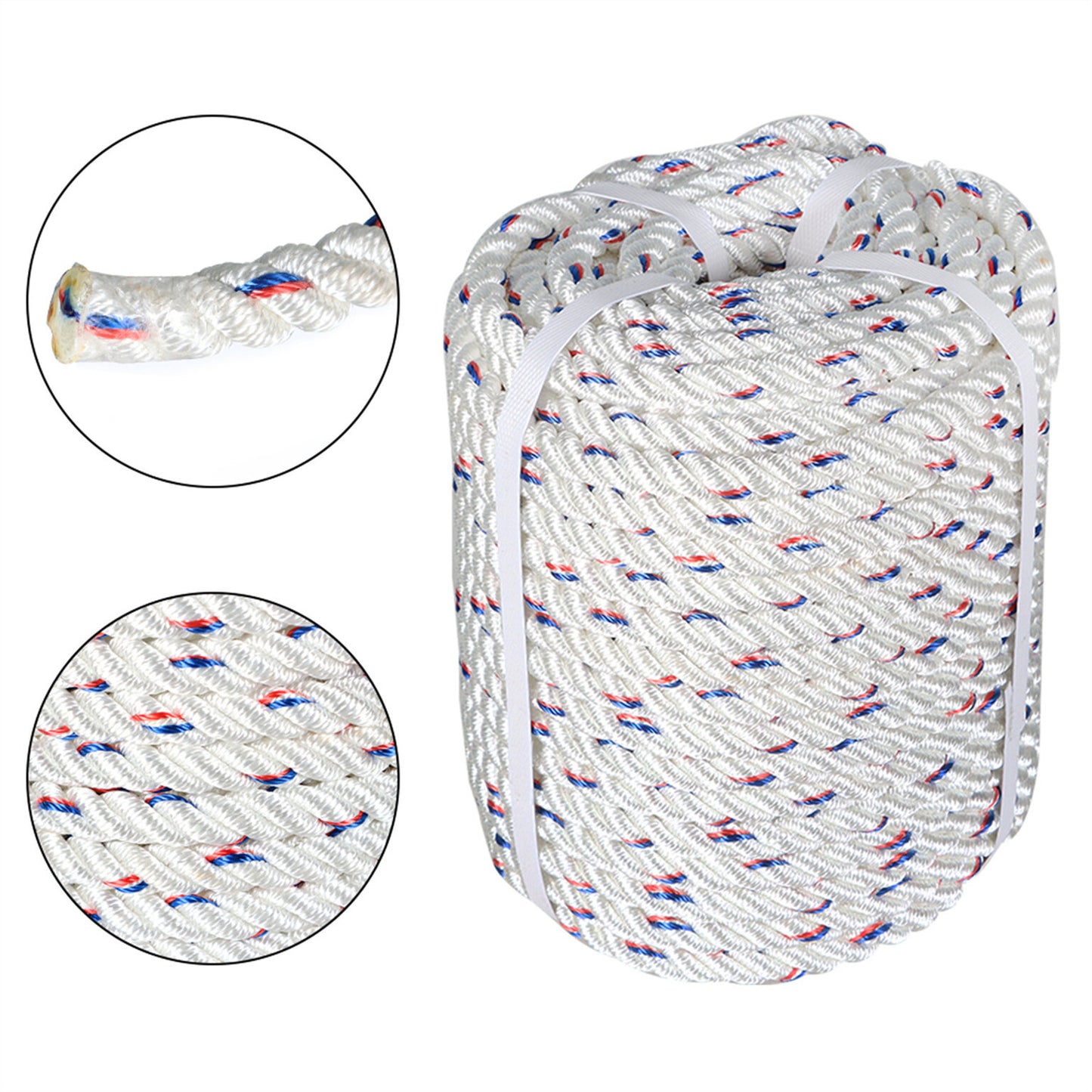 findmall 5/8 In Braid Polyester Rope Bull Rigging High Force Polyester Rope 150 FT White Red Blue