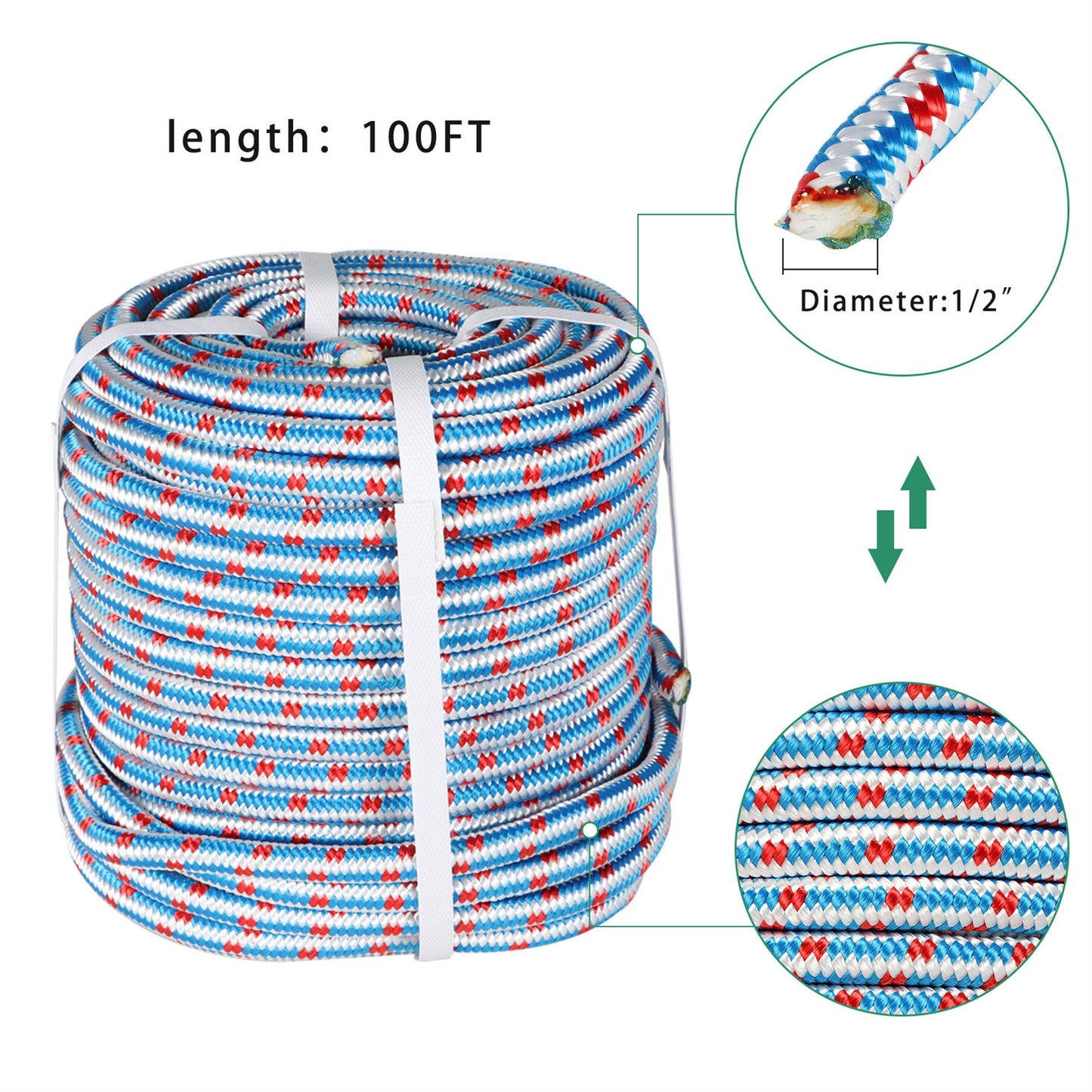 findmall 1/2 Inch 16 Braid Polyester Rope Pulling Ropes Arborist Rigging Rope 100 FT Red White Blue