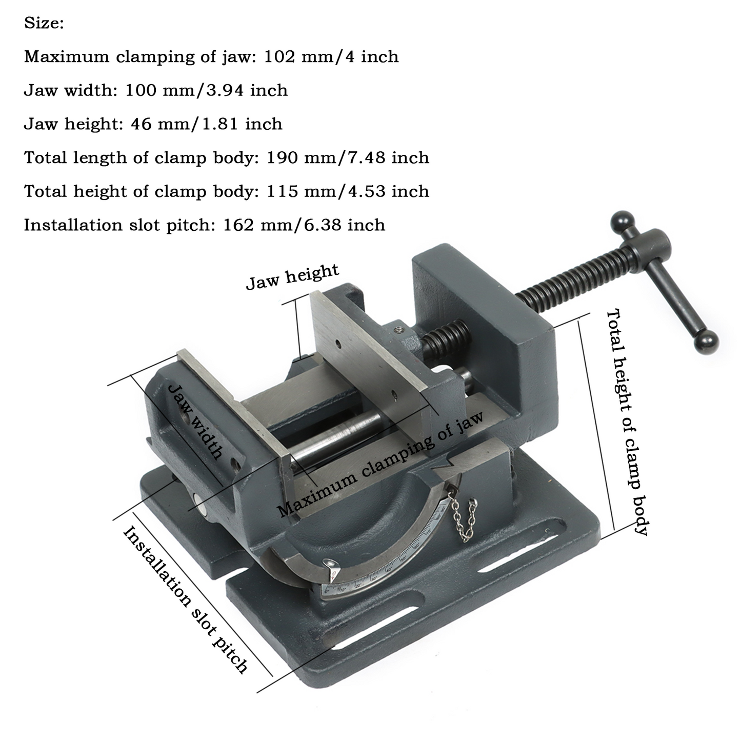 findmall 4 Inch Angle Drill Press Vise 0-90 Degree Tilting Angle Vise Iron Cradle Style Angle Vise Fit for Drilling Machine