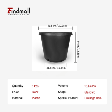 Findmall 5pc Plastic Nursery Plant Pots with Drainage Holes – Durable Garden Planters for Flowers, Herbs & Vegetables