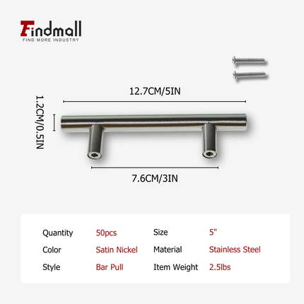 findmall 5" Brushed Nickel Cabinet Handles – Stainless Steel Drawer Pulls with 3" Hole Center for Kitchen Cabinets & Cupboards
