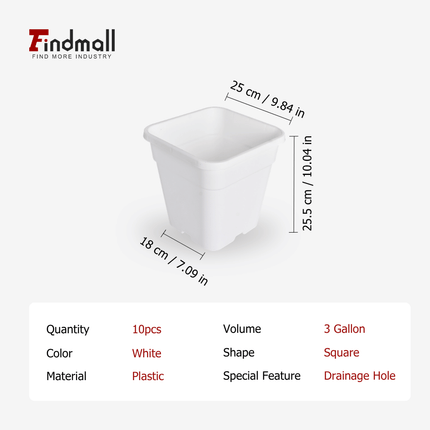 findmall 10PCS Square Black/ White Nursery Pots – Durable Plastic Plant Pots for Seedlings, Soil Plants & Garden Growing Containers