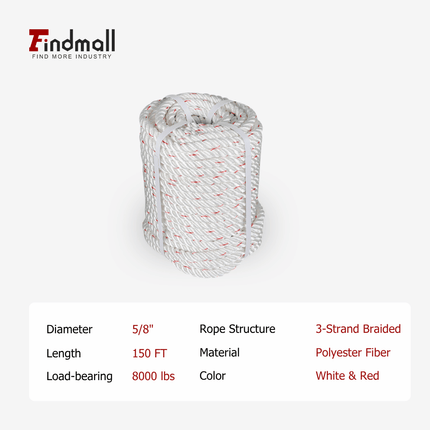 findmall 3-Strand Arborist Rigging Rope – Heavy Duty Tree Climbing & Outdoor Work Rope, 2038 LBS Breaking Strength (White&Red)