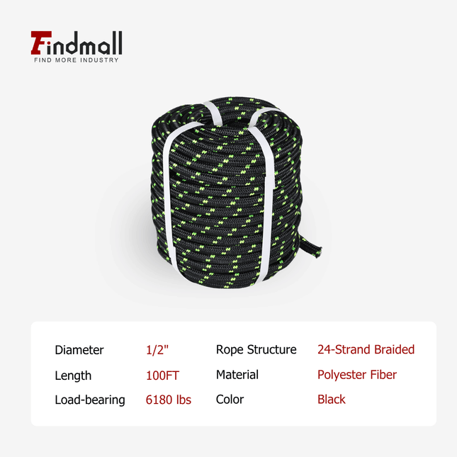 findmall 1/2 Inch 24 Strand Braided Rope – Heavy Duty Polyester Pulling Rope for Tree Work, Rigging & Outdoor Utility