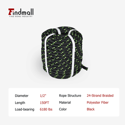 findmall 1/2 Inch 24 Strand Braided Rope – Heavy Duty Polyester Pulling Rope for Tree Work, Rigging & Outdoor Utility
