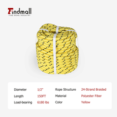 findmall 1/2 Inch 24 Strand Braided Rope – Heavy Duty Polyester Pulling Rope for Tree Work, Rigging & Outdoor Utility