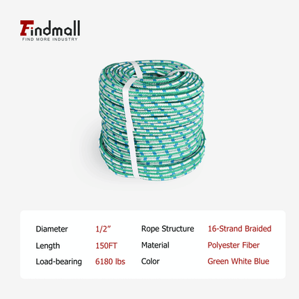 findmall 1/2" 16-Strand Braided Polyester Rope – Heavy Duty Arborist Rigging & Tree Pulling Rope for Outdoor, Camping & Utility Use