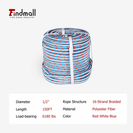 findmall 1/2" 16-Strand Braided Polyester Rope – Heavy Duty Arborist Rigging & Tree Pulling Rope for Outdoor, Camping & Utility Use