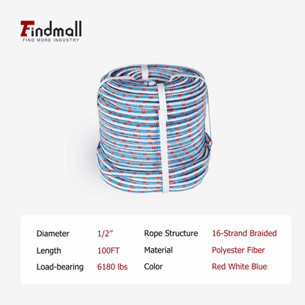 findmall 1/2" 16-Strand Braided Polyester Rope – Heavy Duty Arborist Rigging & Tree Pulling Rope for Outdoor, Camping & Utility Use