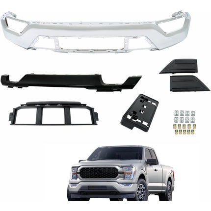 Findmall Front Bumper Lower Face Bar Chrome and Black with License Plate Bracket for F-150 2021-2023 ML3417F77 Without Sensor Holes