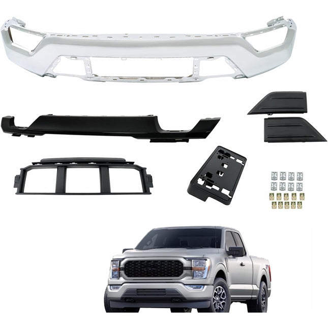 Findmall Front Bumper Lower Face Bar Chrome and Black with License Plate Bracket for F-150 2021-2023 ML3417F77 Without Sensor Holes