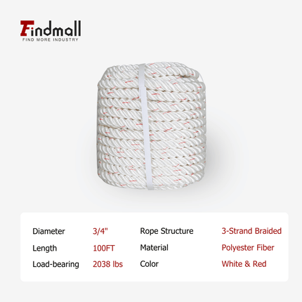 findmall 3-Strand Arborist Rigging Rope – Heavy Duty Tree Climbing & Outdoor Work Rope, 2038 LBS Breaking Strength (White&Red)