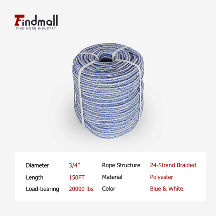 findmall 3/4" 24-Strand Braided Polyester Rope – High Strength Arborist Tree Felling & Rigging Rope for Swing, Camping & Bundling