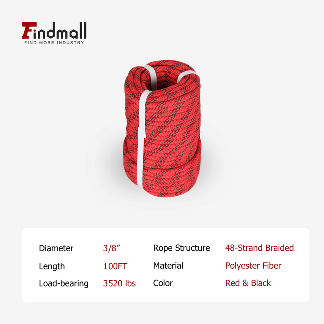 findmall 3/8 In x 100FT 48 Braided Polyester Tree Work Rope – Heavy Duty Rigging Cord with 3250 Lbs Breaking Strength for Outdoor, Swing & Camping