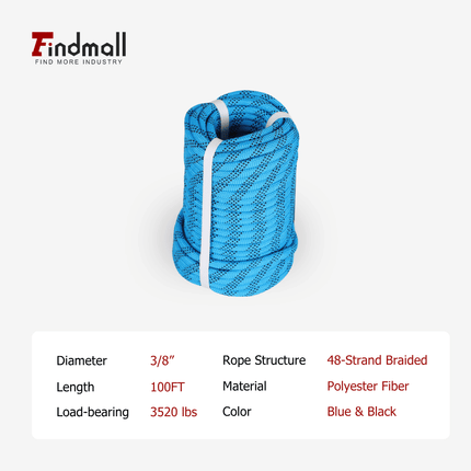 findmall 3/8 In x 100FT 48 Braided Polyester Tree Work Rope – Heavy Duty Rigging Cord with 3250 Lbs Breaking Strength for Outdoor, Swing & Camping