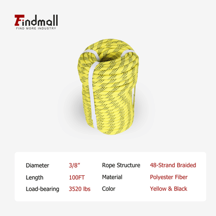 findmall 3/8 In x 100FT 48 Braided Polyester Tree Work Rope – Heavy Duty Rigging Cord with 3250 Lbs Breaking Strength for Outdoor, Swing & Camping