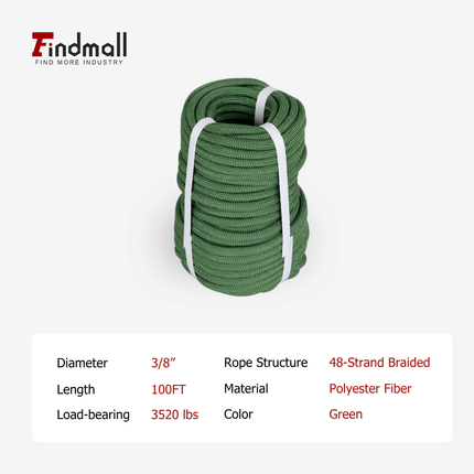 findmall 3/8 In x 100FT 48 Braided Polyester Tree Work Rope – Heavy Duty Rigging Cord with 3250 Lbs Breaking Strength for Outdoor, Swing & Camping