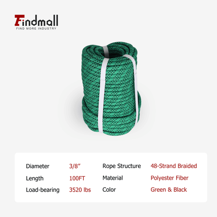 findmall 3/8 In x 100FT 48 Braided Polyester Tree Work Rope – Heavy Duty Rigging Cord with 3250 Lbs Breaking Strength for Outdoor, Swing & Camping