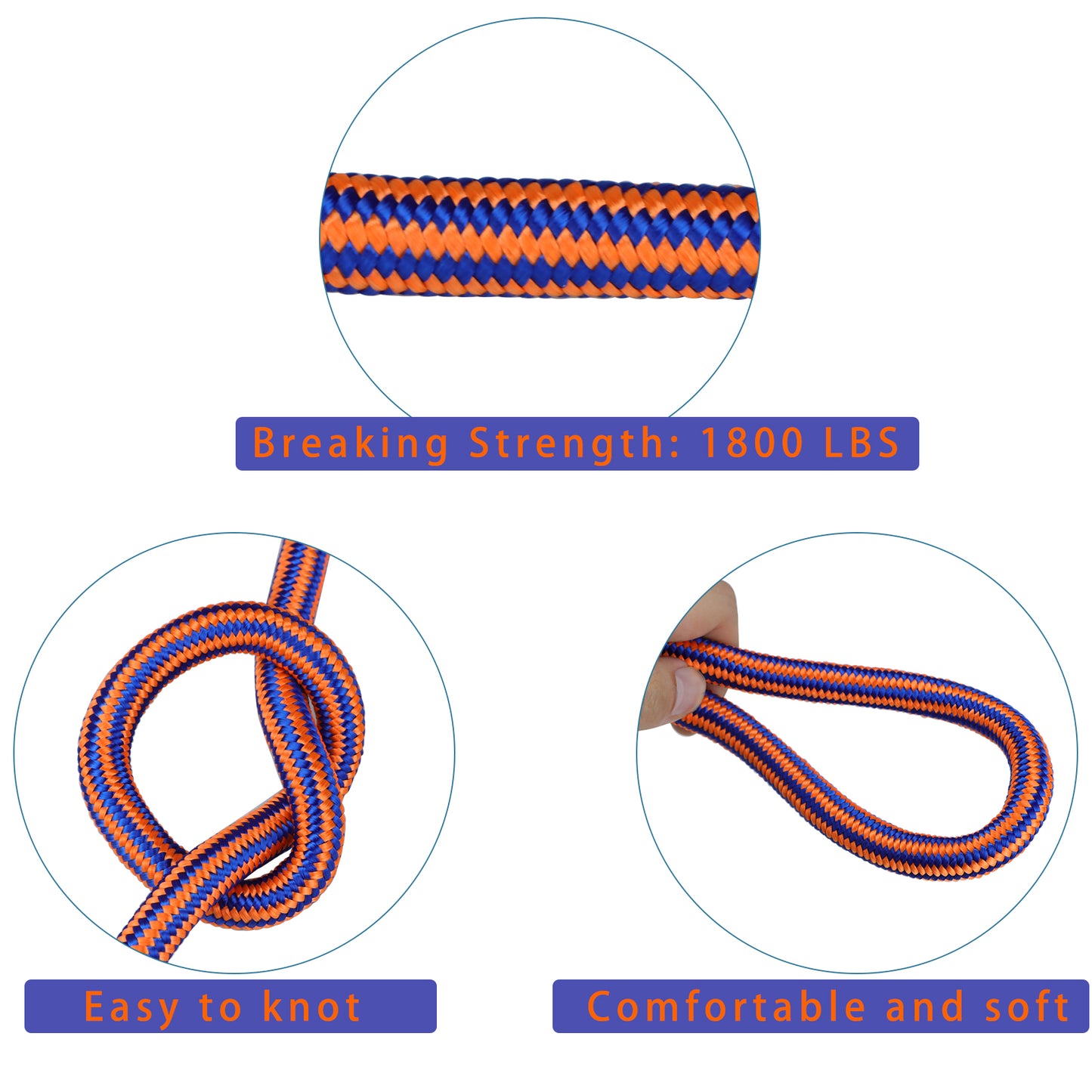 findmall 1/2 Inch 150 Feet 12 Strand Braided Rope Polyester Rigging Rope Tensile Strength 8000 Pounds Bull Rope Suitable for Camping Tree Working Swing Blue Orange