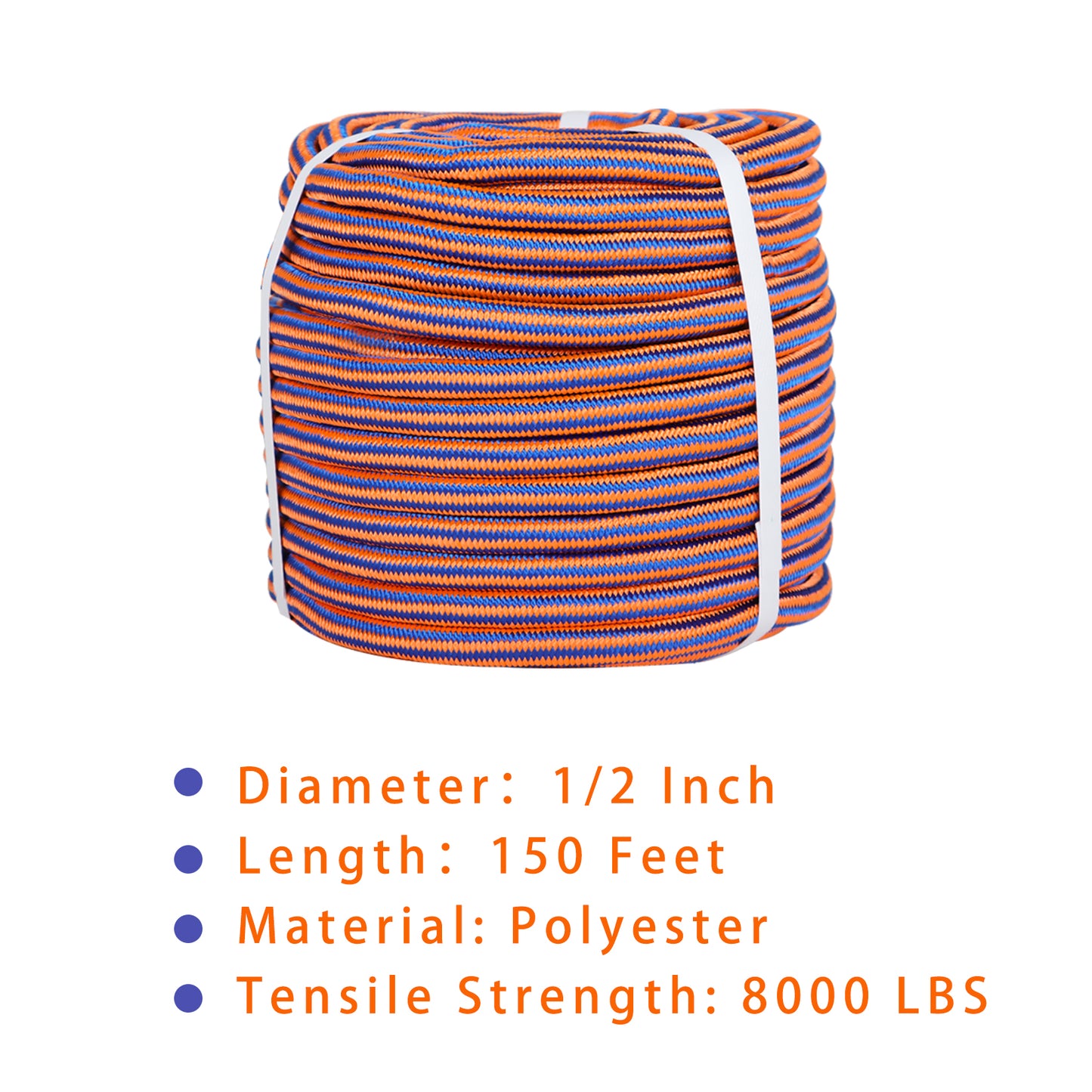 findmall 1/2 Inch 150 Feet 12 Strand Braided Rope Polyester Rigging Rope Tensile Strength 8000 Pounds Bull Rope Suitable for Camping Tree Working Swing Blue Orange