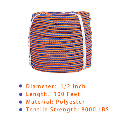 findmall 1/2 Inch 100 Feet 12 Strand Braided Rope Polyester Rigging Rope Tensile Strength 8000 Pounds Bull Rope Suitable for Camping Tree Working Swing Blue Orange